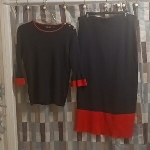 LRL FINAL PRICE red/navy colorblock 2-pc skirt suit w flared bell sleeves L/XL